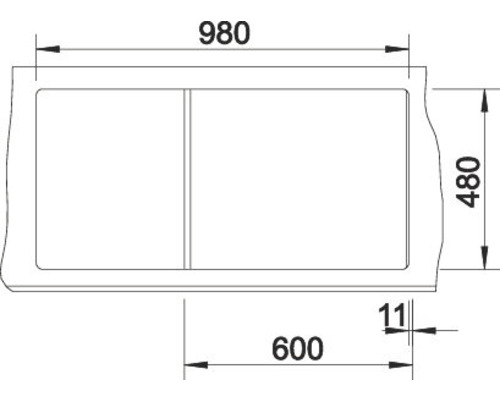 Tekening van een douchebak met de afmetingen 980, 480, 600 en 11 millimeter