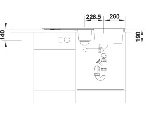 Technische tekening van een aanrechtspoelbak met afmetingen