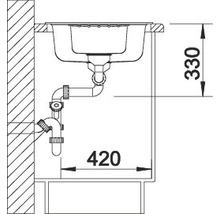 Technische tekening van een spoelbak met afmetingen 330 en 420 millimeter.
