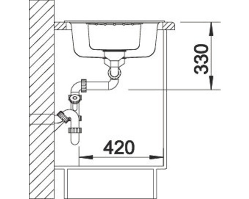 Technische tekening van een spoelbak met afmetingen 330 en 420 millimeter.