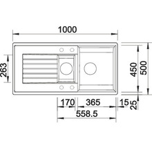 Technische tekening van een spoelbak met afmetingen