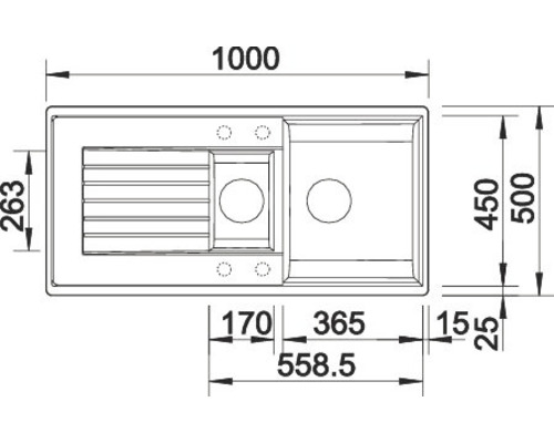 Technische tekening van een spoelbak met afmetingen