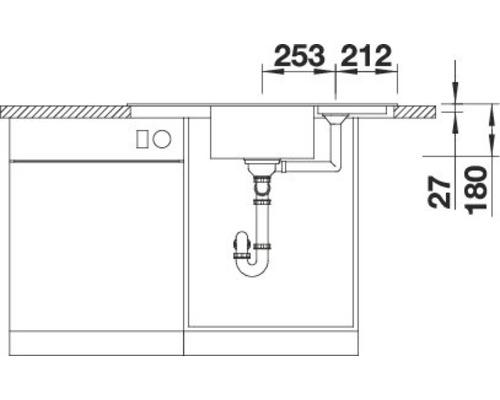 Schets van een gootsteen met maataanduidingen