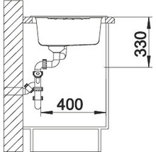 Tekening van een spoelbak met maatvoering voor installatie