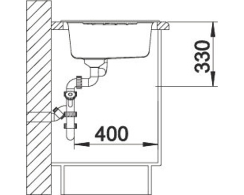 Technische tekening van een gootsteen met afmetingen.