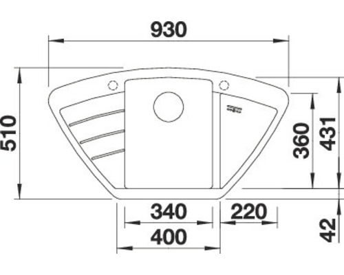 Technische tekening van een wastafel met maataanduidingen.