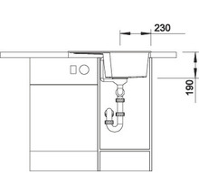 Technische tekening van een spoelbak met onderkast en maataanduidingen