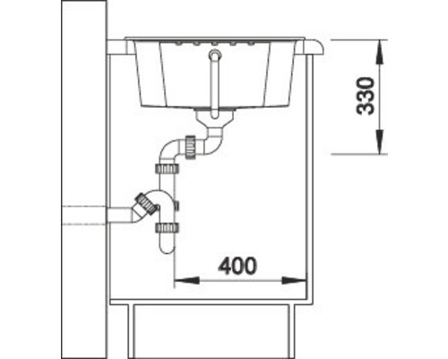 Schets van een spoelbak met afmetingen 330 en 400