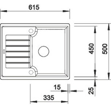 Technische tekening van een wastafel met maatvoering.