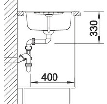 Schematische tekening van een spoelbak met afmetingen