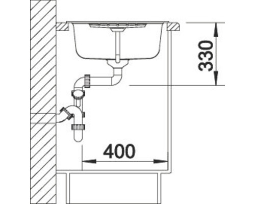 Schematische tekening van een spoelbak met afmetingen