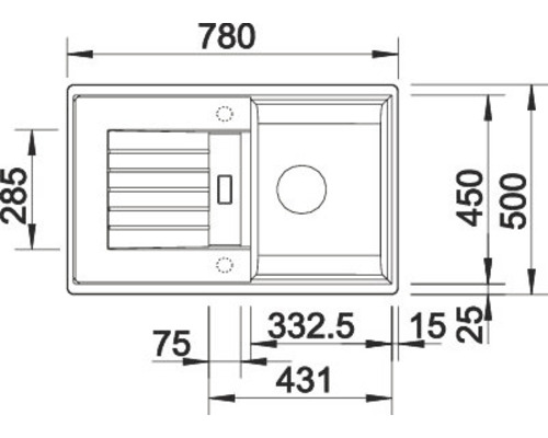 Technische tekening van een gootsteen met maataanduidingen.
