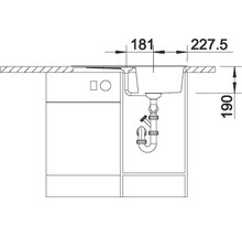 Technische tekening van een spoelbak met maataanduidingen voor de inbouw