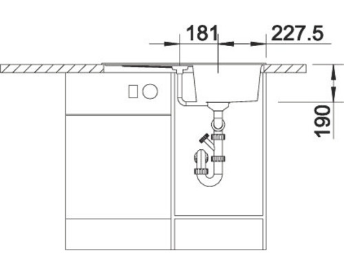 Technische tekening van een spoelbak met maataanduidingen voor de inbouw