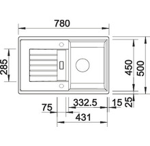 Technische tekening van een aanrechtspoelbak met maatvoering