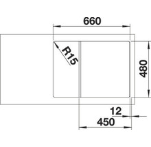 Tekening van een spoelbak met de afmetingen 660, 480 en 450 millimeter