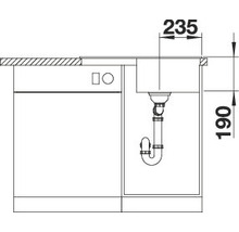 Technische tekening van een spoelbak met afmetingen 235 en 190 millimeter.