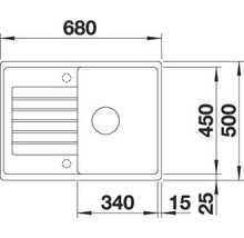 Tekening van een spoelbak met maatvoering