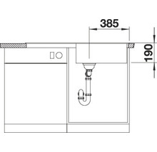 Technische tekening van een spoelbak met de afmetingen 385 en 190 millimeter