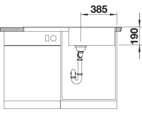 Technische tekening van een spoelbak met de afmetingen 385 en 190 millimeter
