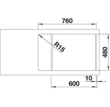 Schets van een spoelbak met de afmetingen 760, 480 en 600 millimeter.