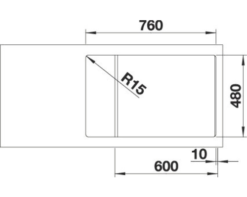 Schets van een spoelbak met de afmetingen 760, 480 en 600 millimeter.
