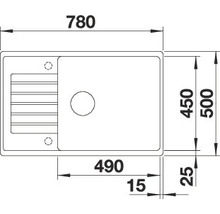 Technische tekening van een spoelbak met afmetingen