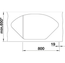 Technische tekening met maatvoering voor een bouwelement: minimumhoogte 650, breedte 800 en diepte 19.