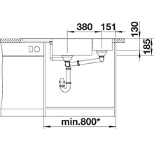 Installatietekening van een spoelbak met twee bakken en afmetingen