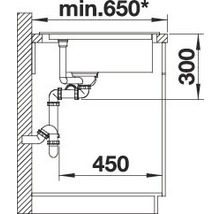 Technische tekening van een gootsteen met afmetingen