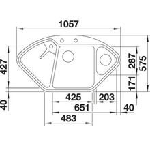 Technische tekening van een spoelbak met afmetingen