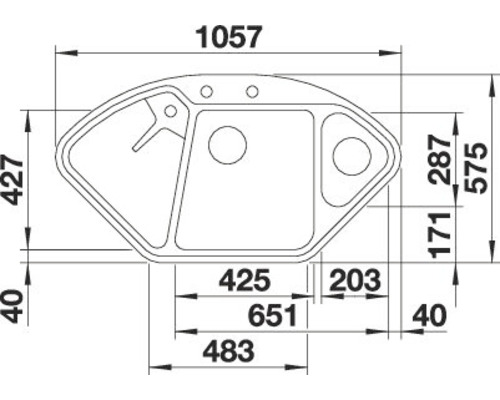 Technische tekening van een spoelbak met afmetingen