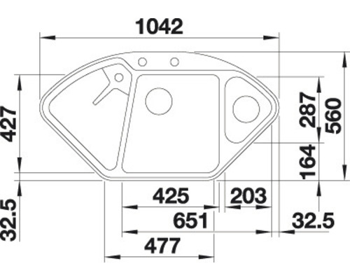 Technische tekening van een gootsteen met afmetingen