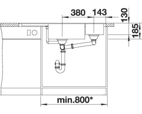 Tekening van een spoelbak met maatvoering voor installatie