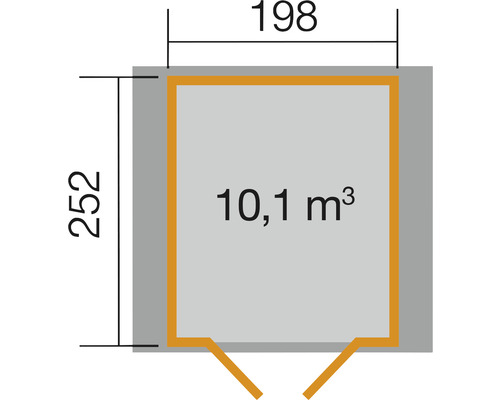 Plattegrondtekening met de afmetingen 198 x 252 en een inhoud van 10,1 kubieke meter