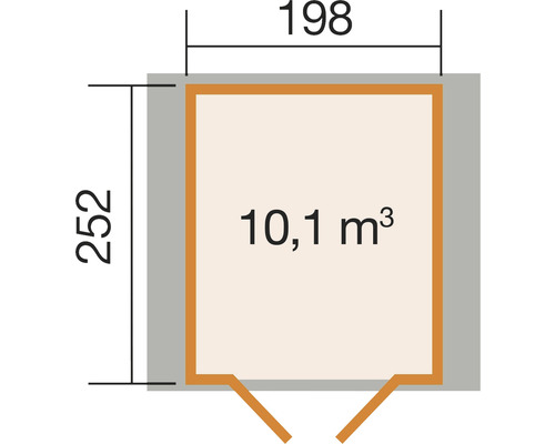 Plattegrond van een tuinhuis met de afmetingen 198 bij 252 centimeter en een inhoud van 10,1 kubieke meter