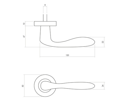Technische tekening van een deurklink met maatvoering