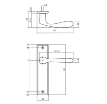 Technische tekening van een deurklink met afmetingen