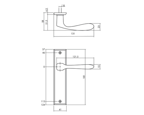 Technische tekening van een deurklink met afmetingen