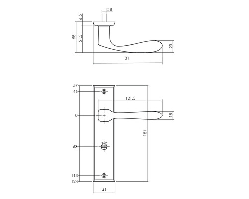 Technische tekening van een deurklink met afmetingen