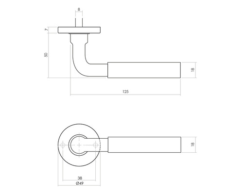 Technische tekening van een deurklink met maataanduidingen