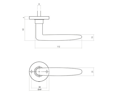 Technische tekening van een deurklink met afmetingen