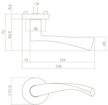 Technische tekening van een deurklink met afmetingen