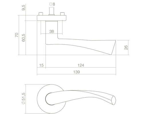 Technische tekening van een deurklink met afmetingen