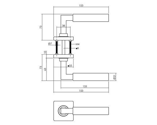 Technische tekening van een deurklinkstel met maatvoering