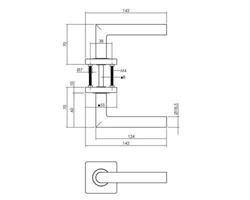 Technische tekening van een deurklink met afmetingen