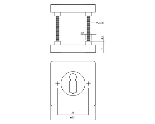 Technische tekening van een deurbeslag met afmetingen