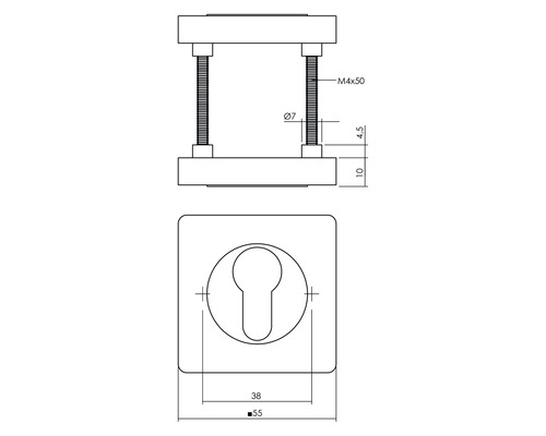 Technische tekening van een deurbeslag met maatvoering