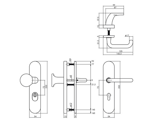 Technische tekening van een deurbeslag met afmetingen