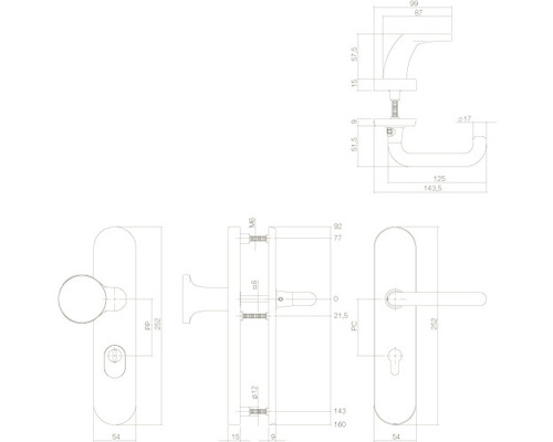 Technische tekening van een deurklinkstel met maatvoering
